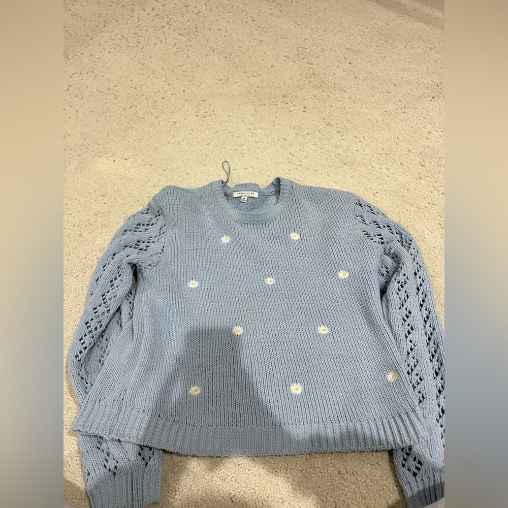 blue with white and yellow mini sunflowers sweater